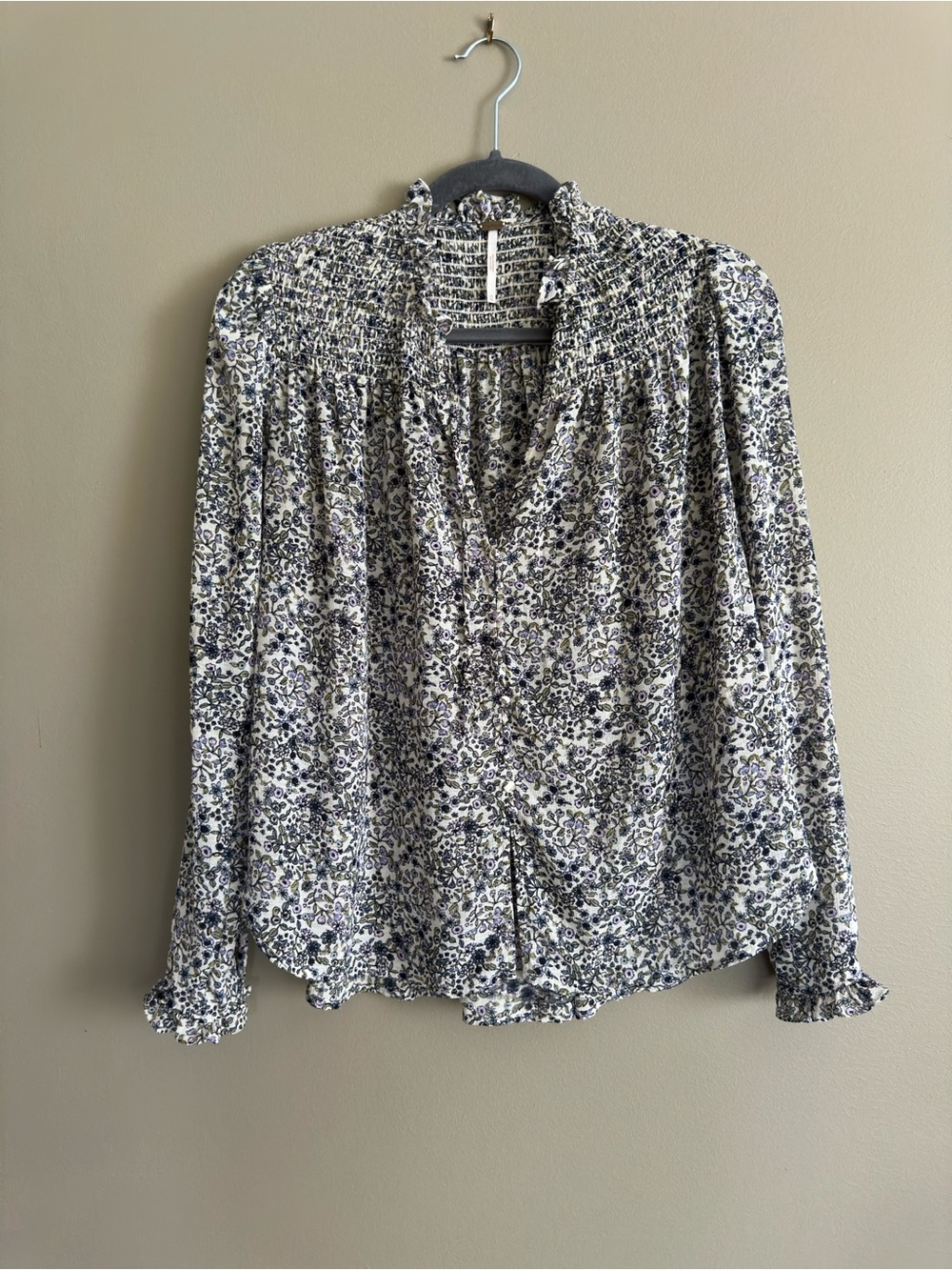 Free People Cream & Navy Floral Smocked Neck Blouse *Flawed*